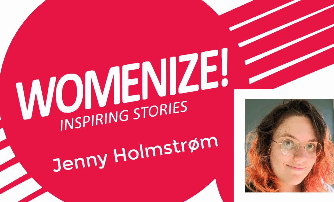 Promotional Womenize! Inspiring Stories graphic featuring Estelle Bailly. Bold red and white diagonal design with the “WOMENIZE! Inspiring Stories” logo and the name “Jenny Holstrom.” On the right side, there is a portrait of Jenny smiling.