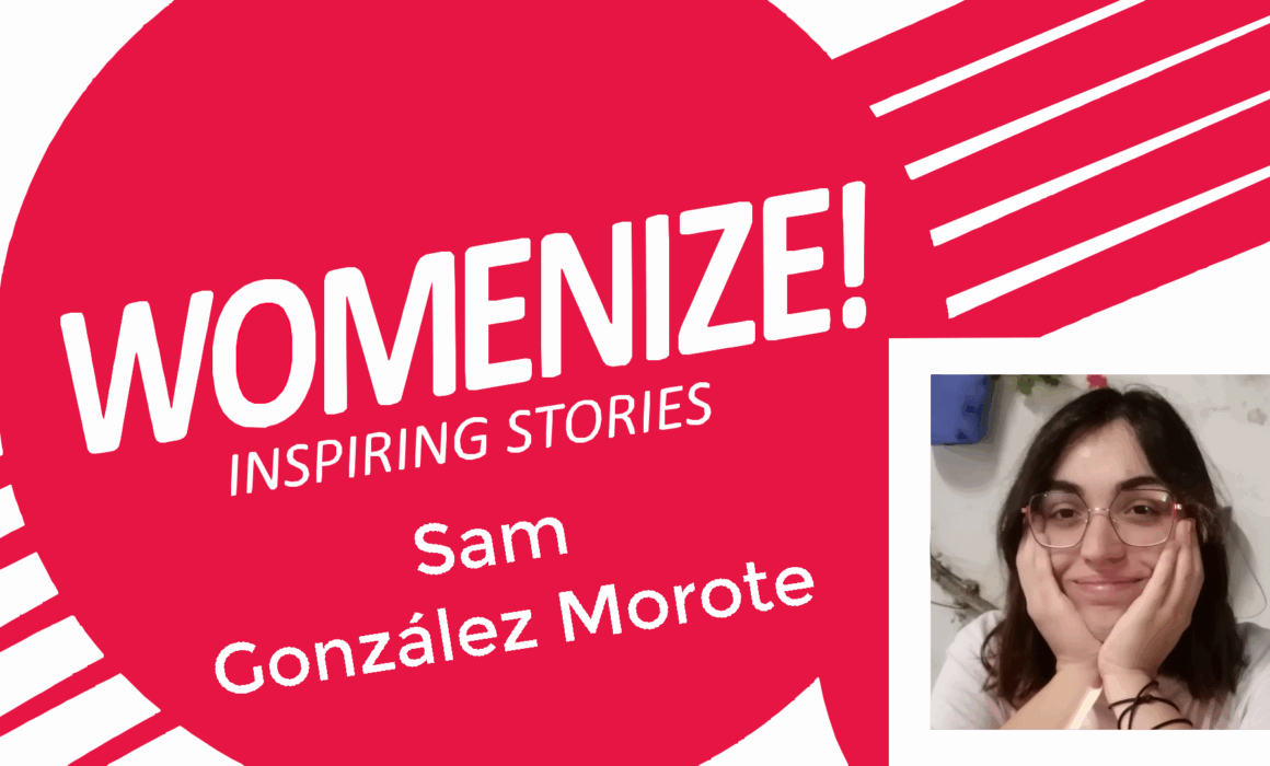Promotional Womenize! Inspiring Stories graphic featuring Estelle Bailly. Bold red and white diagonal design with the “WOMENIZE! Inspiring Stories” logo and the name “Sam González Morote". On the right side, there is a portrait of Sam.