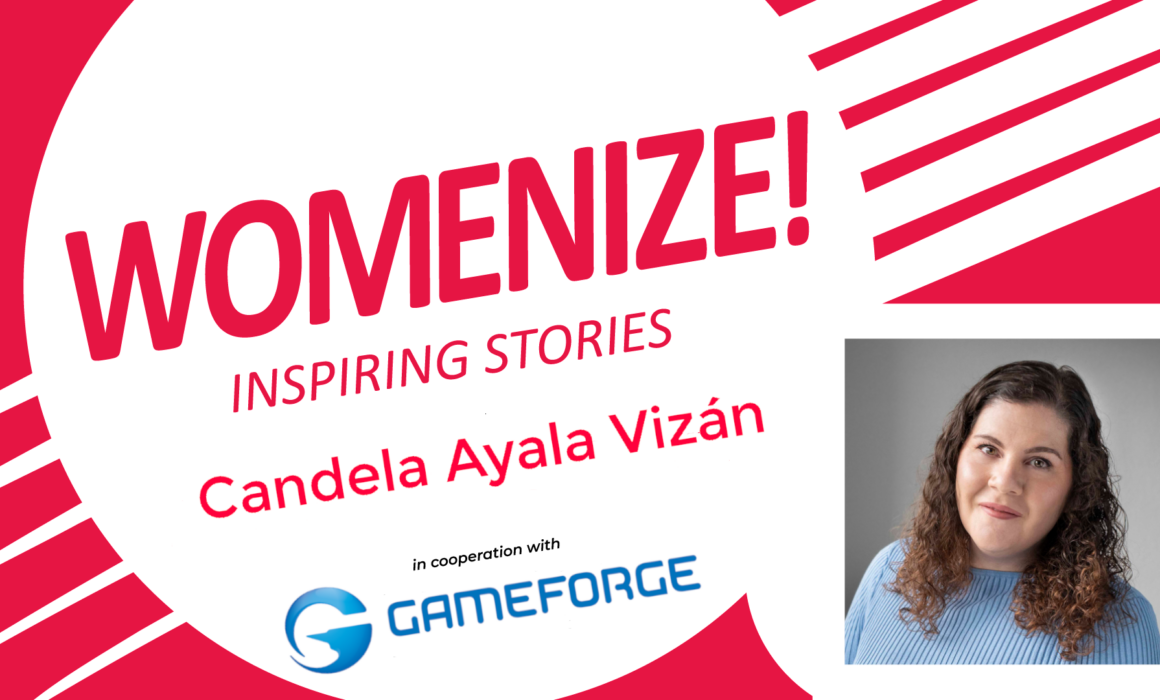 Promotional Womenize! Inspiring Stories graphic. Bold red and white diagonal design with the “WOMENIZE! Inspiring Stories” logo and the name “Candela Ayala Vizán.” On the right side, there is a portrait of Candela smiling.